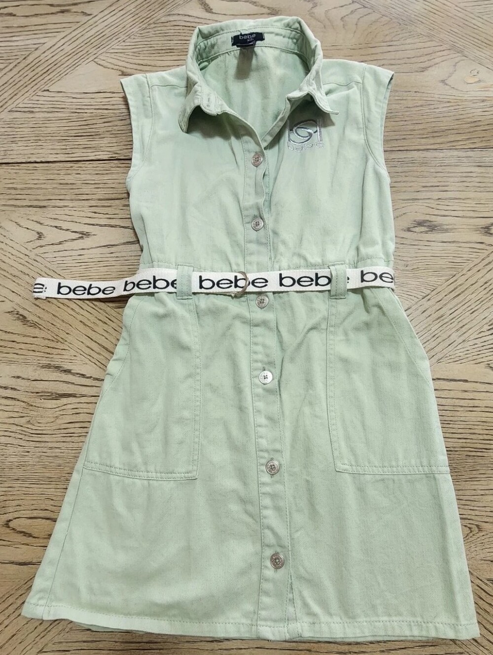 Bebe Light Green Sleeveless Denim Shirt Dress With Logo Belt Size L 14-16 Y2K